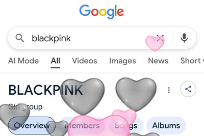 BLACKPINK Google Search effect with a heart button, pink fog, and floating black-and-pink hearts