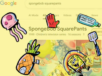Rainbow-framed SpongeBob sticker popping into view